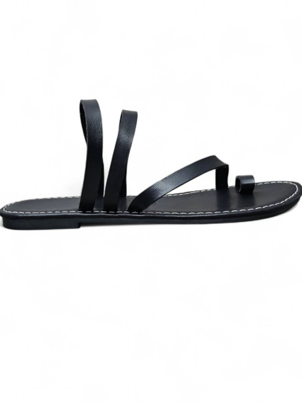 Strappy Toe Loop Flat Thong Slip On Vegan Leather Black Sandals